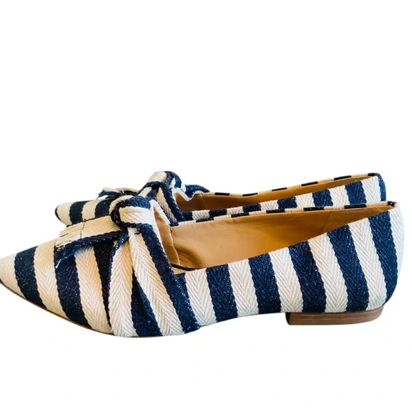 GIANNI BINI Blue White Nautical Stripe Canvas Pointy Toe Bow Flats - Picture 2 of 10